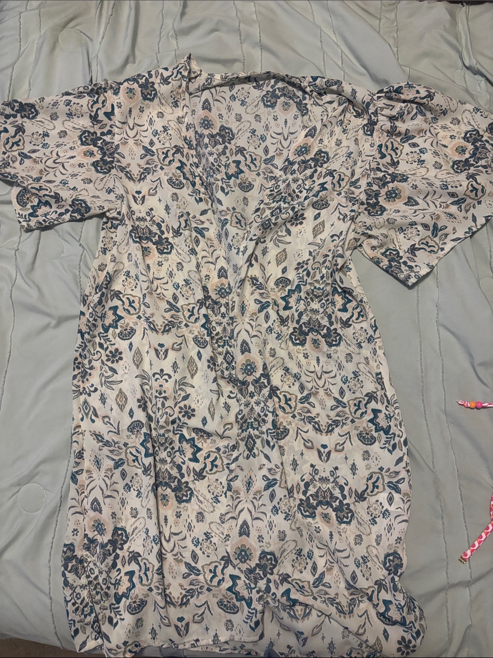 Maurices Cream Floral V-Neck Kimono with Teal Accents